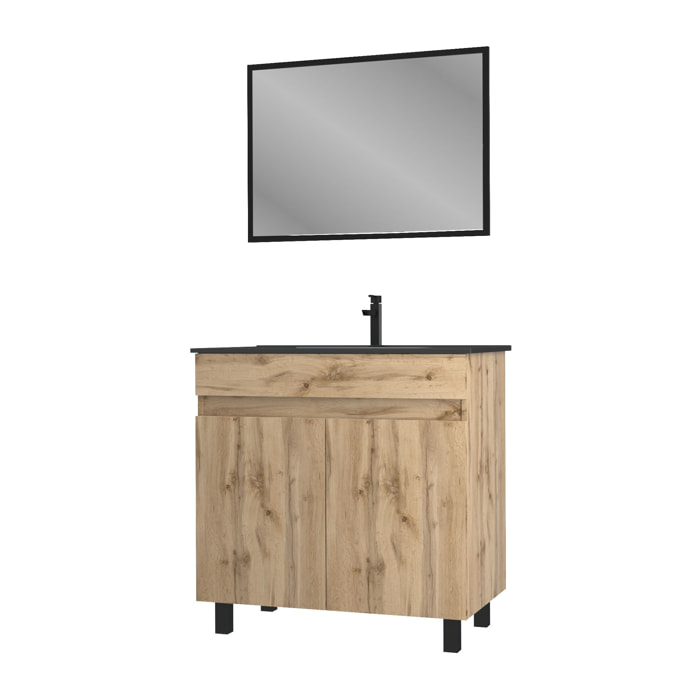 Meuble salle de bain 80x80 cm - Finition chene naturel + vasque noire + miroir - TIMBER 80 - Pack05