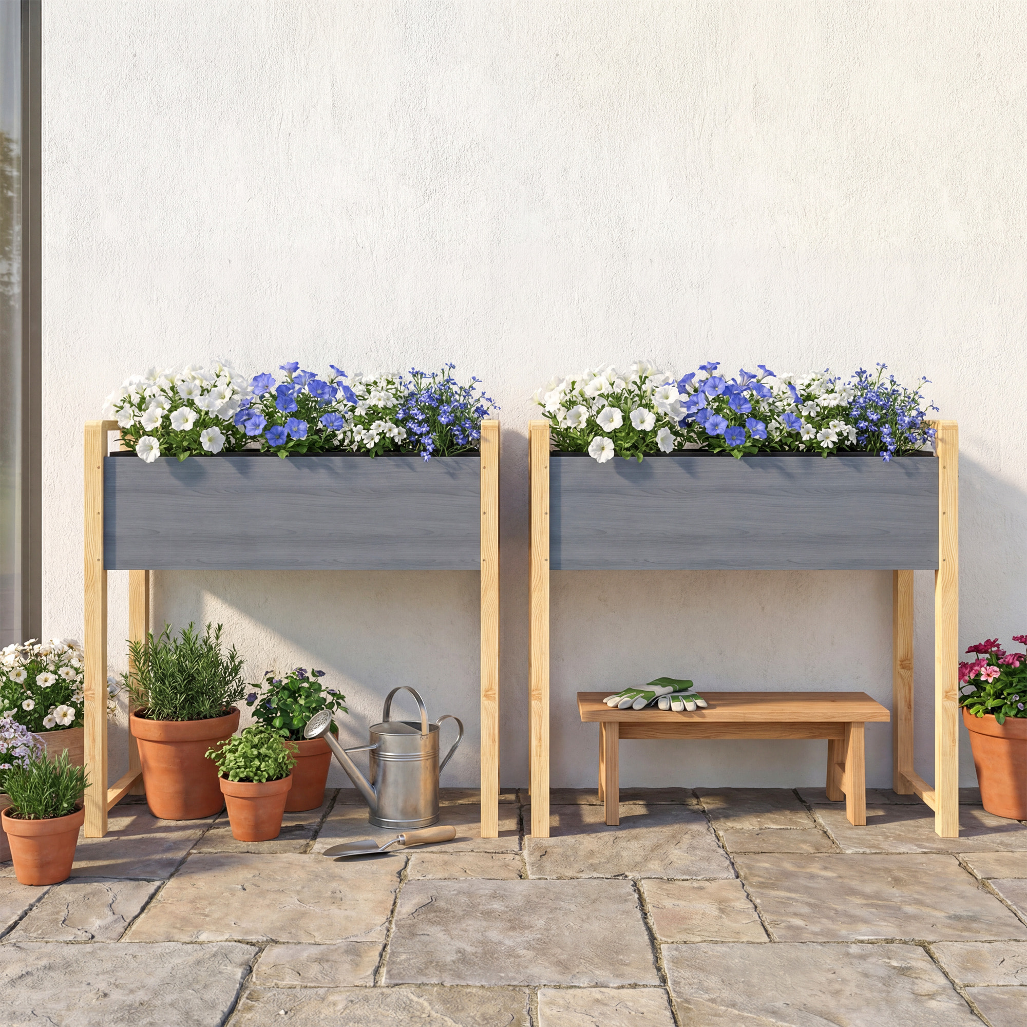 Jardinière design bicolore bois naturel et gris feutre drainage inclus