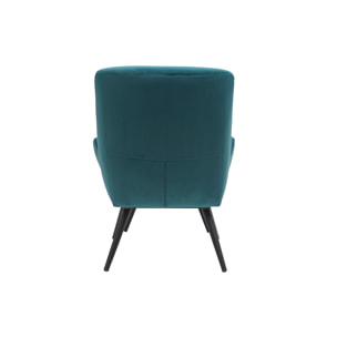 Fauteuil et repose-pieds design en tissu velours bleu pétrole et métal noir ZOE