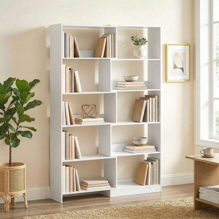 Estantería Expandible 5 Niveles, Librería para Libros Giratoria 350°, Ancho Ajustable, Convertible en en L, Recta o Compacta para Salón, Dormitorio, Estudio 111,5x23,8x163,7 cm Blanco