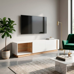 Porta TV Mobile Soggiorno Mobiletto Moderno Con Anta A gola E Vano Con Ripiano In Vetro Salvaspazio 45.5 x 40 x 187.5 Cm Bianco Lucido E Rovere
