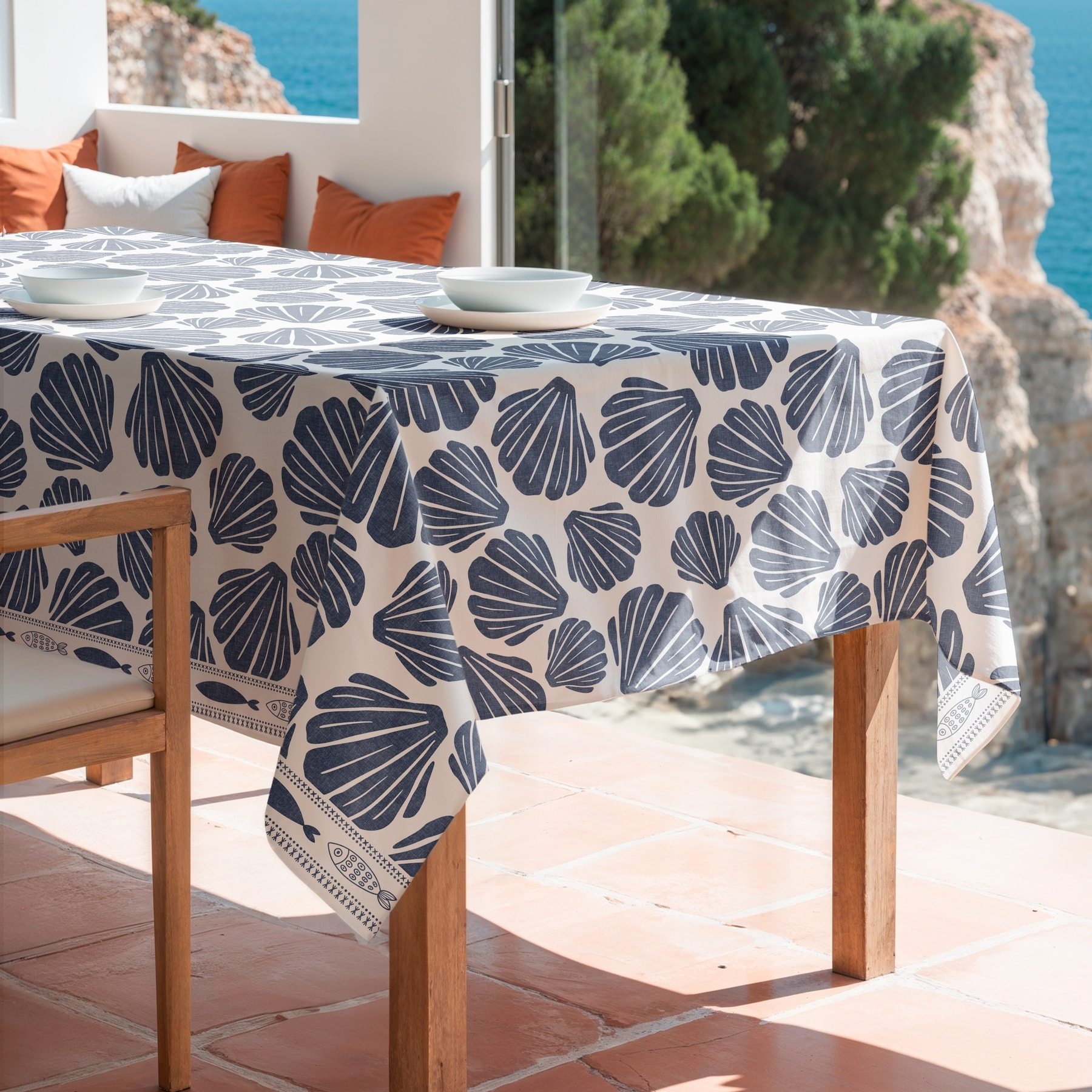 Nappe imprimée anti-tâches COQUILLAGE BLEU