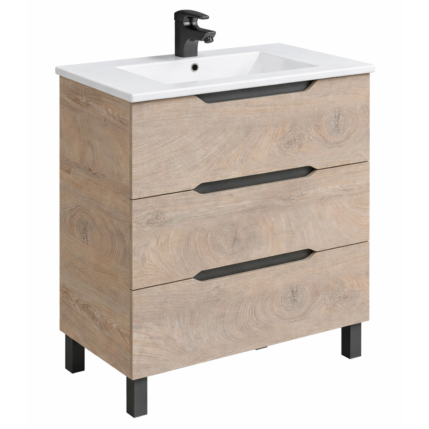 Mobile Bagno A Terra Con 3 Cassettoni Soft Close E Lavabo In Ceramica Incluso Mobiletto Design Moderno Salvaspazio 80 x 45 x 86 Cm Colore Rovere