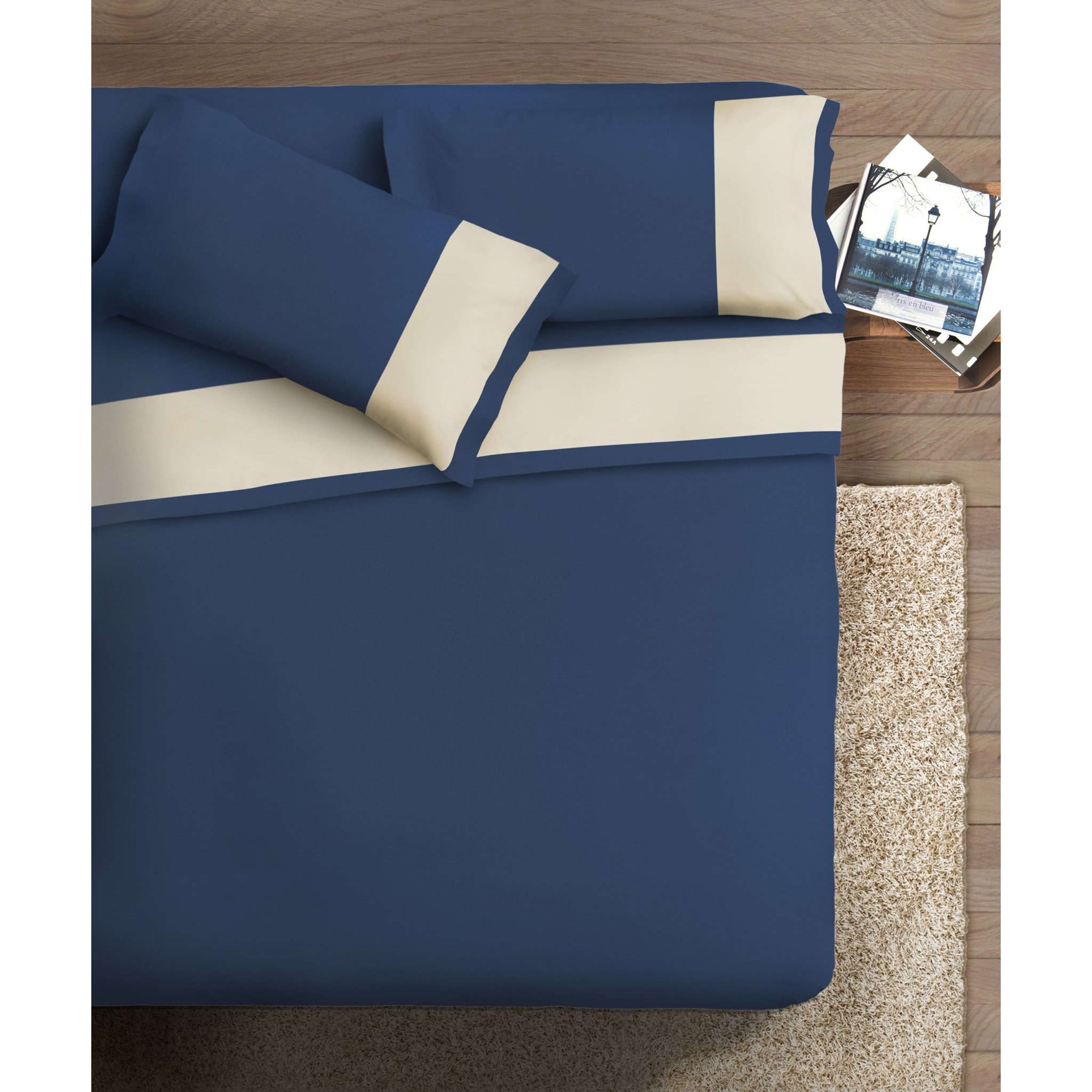 Completo letto bordo RASO IPERSAN Puro Cotone Panna fondo Blu