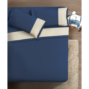 Completo letto bordo RASO IPERSAN Puro Cotone Panna fondo Blu