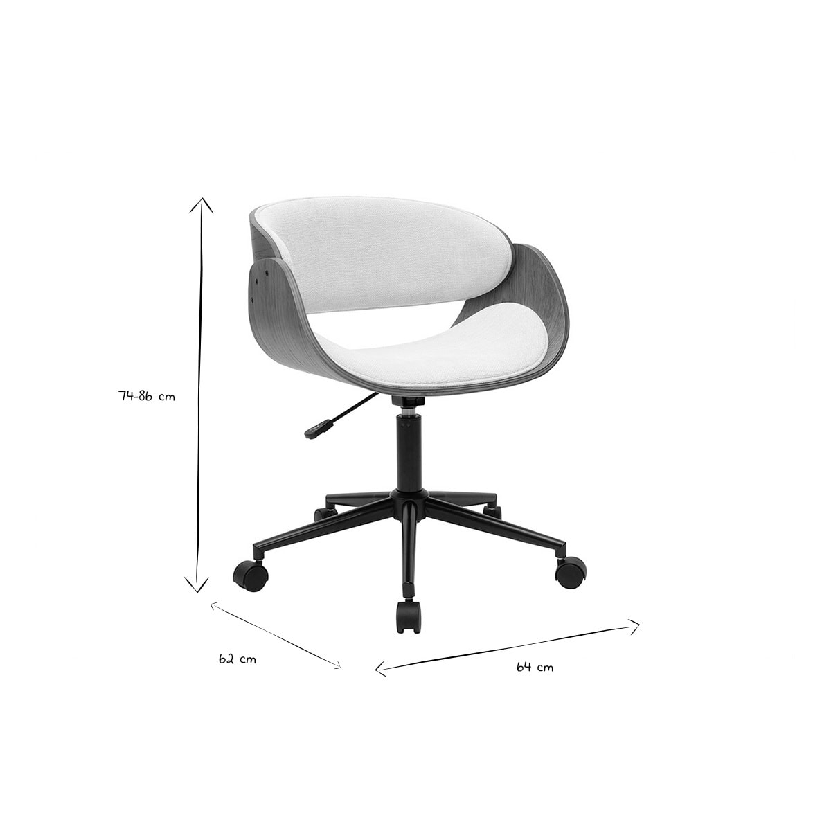 Chaise de bureau à roulettes design en bois foncé et tissu effet velours texturé beige BENT