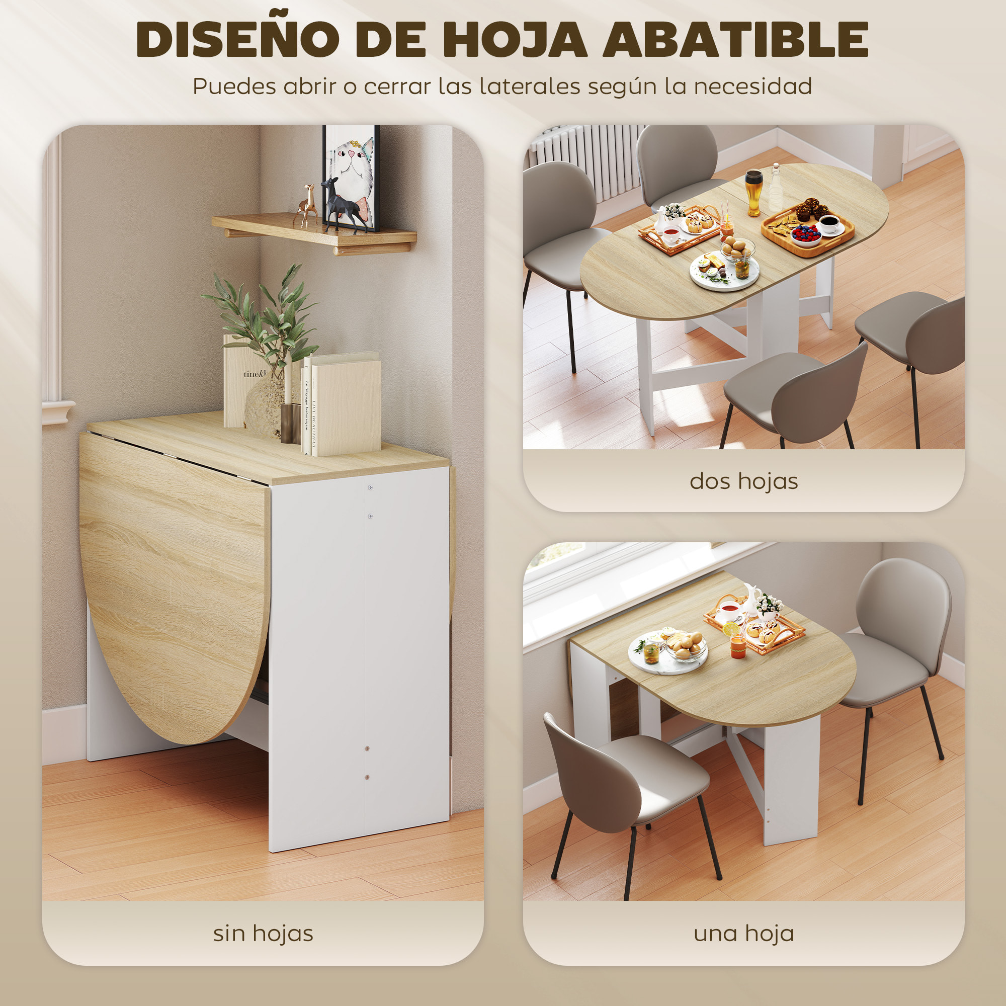 Mesa Plegable de Comedor, Mesa de Cocina Plegable Ovalada, con Alas Abatibles, Hasta 6 Personas, para Comedor, Salón, Espacio Pequeño, 163x80x75 cm, Natural