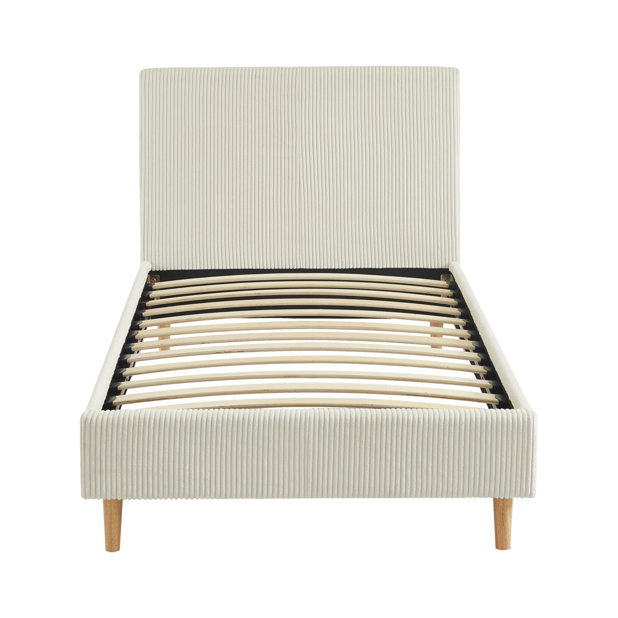 Lit avec sommier à lattes et tête de lit. L 202 x P 96 x H 88cm. blanc. finition velours côtelé (grosse côte)