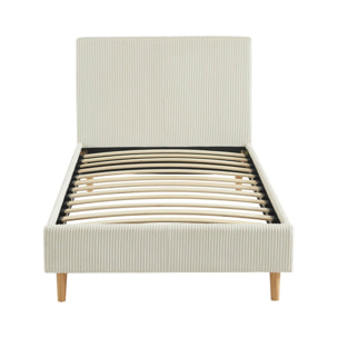 Lit avec sommier à lattes et tête de lit. L 202 x P 96 x H 88cm. blanc. finition velours côtelé (grosse côte)