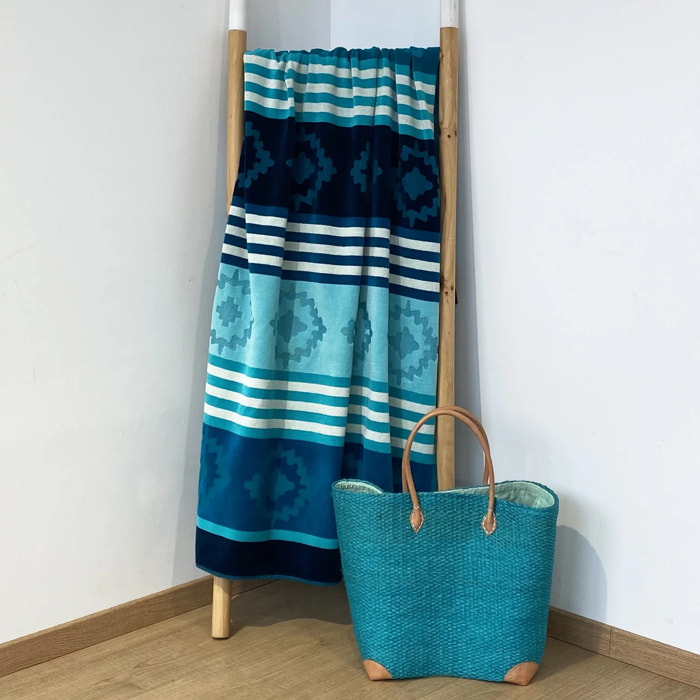 Serviette de plage éponge velours Jacquard ciselé Bleu 90x170 340g/m² - Fiorito