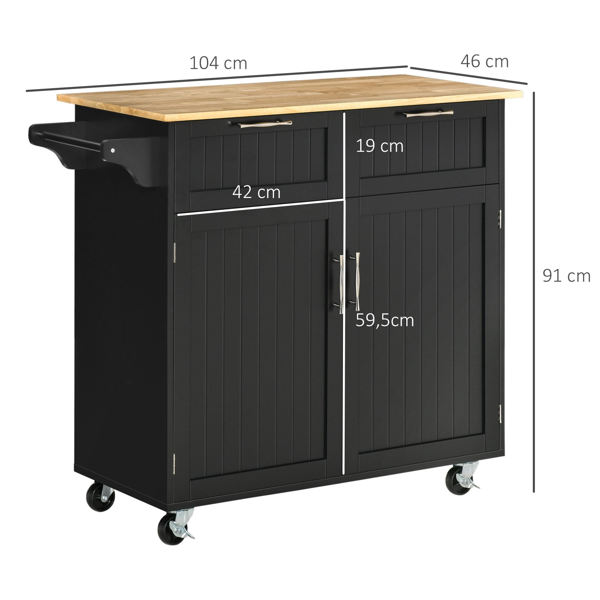 Carro de Cocina con Ruedas Mueble Auxiliar de Cocina con 2 Cajones 2 Puertas Estante Ajustable y Toallero para Comedor Salón 104x46x91 cm Negro