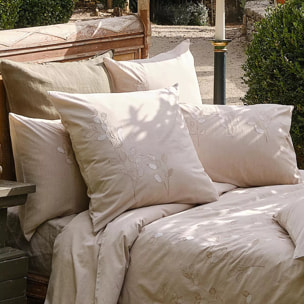 Taie d'oreiller pur coton lavé tissé teint brodé beige Monnaie du pape naturel