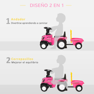 Tractor sin Pedales para Niños de 12-36 Meses con Remolque Extraíble Coche Correpasillos con Bocina Faros Pala Asiento de Suelo 25 cm y Rastrillo Carga 25 kg 91x29x44 cm Rosa