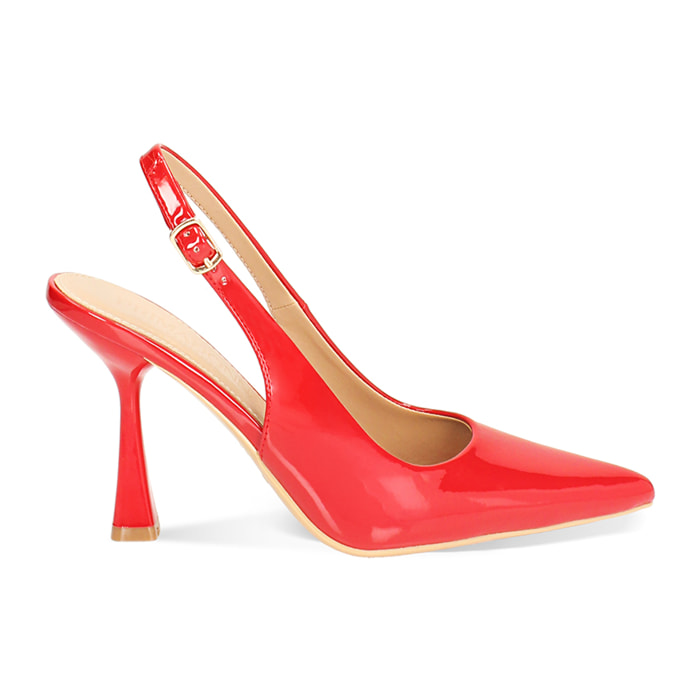 Décolleté slingback donna rosse in vernice, tacco 7,5 cm