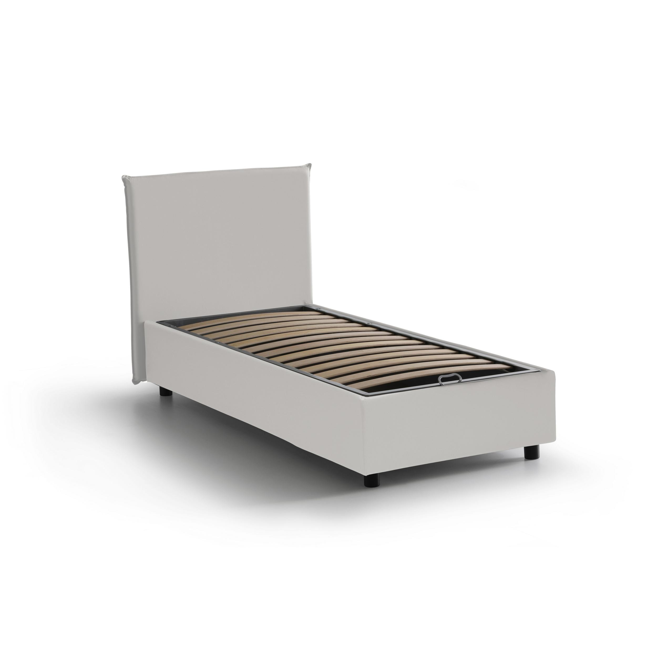 Letto singolo Caide, Letto contenitore con rivestimento in ecopelle, 100% Made in Italy, Apertura laterale, con materasso Cm 80x190 incluso, Bianco