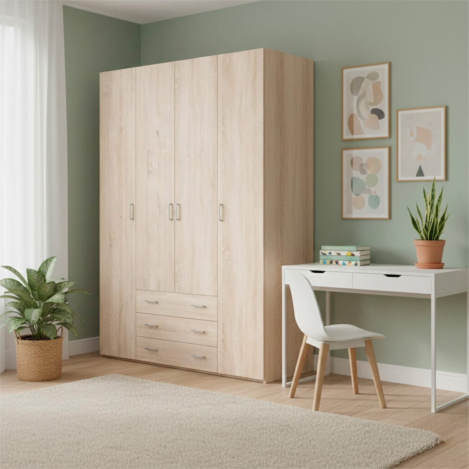 Armadio Guardaroba Con 4 Ante E 3 Cassetti Design Moderno Ampio Vano Con Barra Appendiabiti e Ripiani Salvaspazio Abiti 154 x 49.5 x 200.4 Cm Rovere