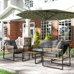 Conjunto Jardín Exterior de Ratán, Muebles Jardín Exterior para 4 Piezas, Muebles Terraza con 1 Sofá de 2 Plazas, 2 Sillones, Cojines y 1 Mesa de Tablero de Vidrio, para Patio, Gris y Marrón