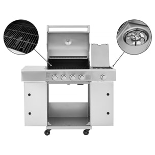 Barbecue gaz en inox avec 5 brûleurs dont 1 latéral "Brazzo" - 118 x 57 x 104 cm - Gris clair