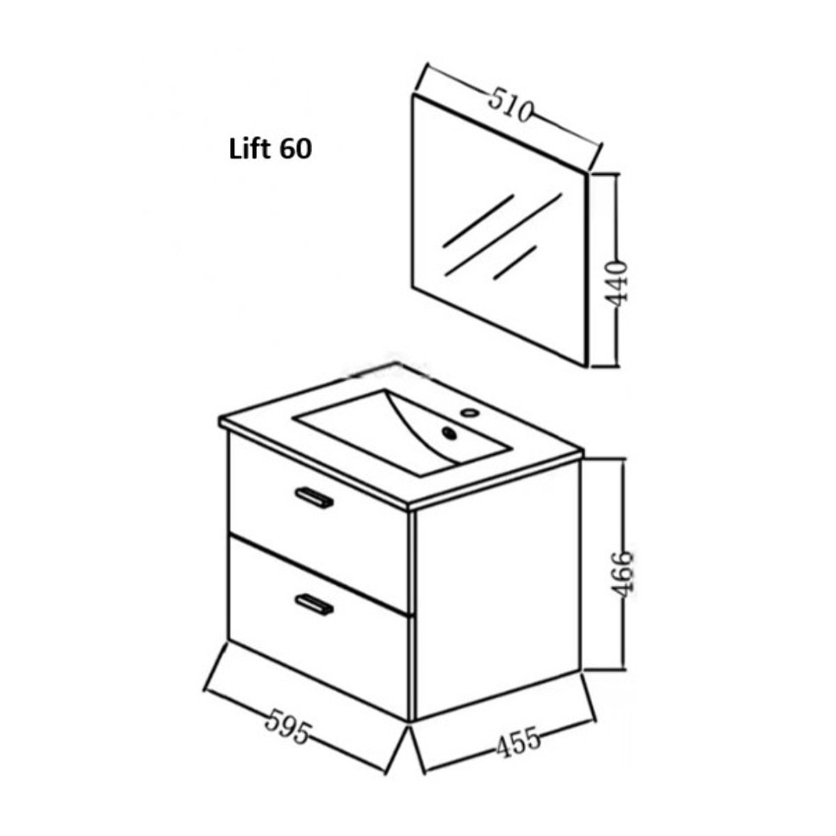 Meuble salle de bain 60 cm suspendu 2 tiroirs finition Bois avec vasque et miroir - BOX-IN 60 WOOD