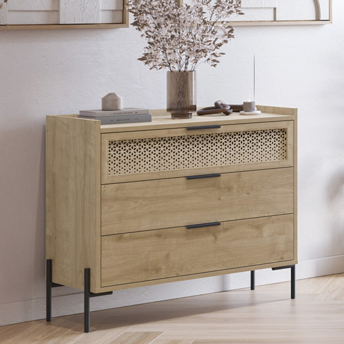 Commode 3 tiroirs effet chêne - CORTO