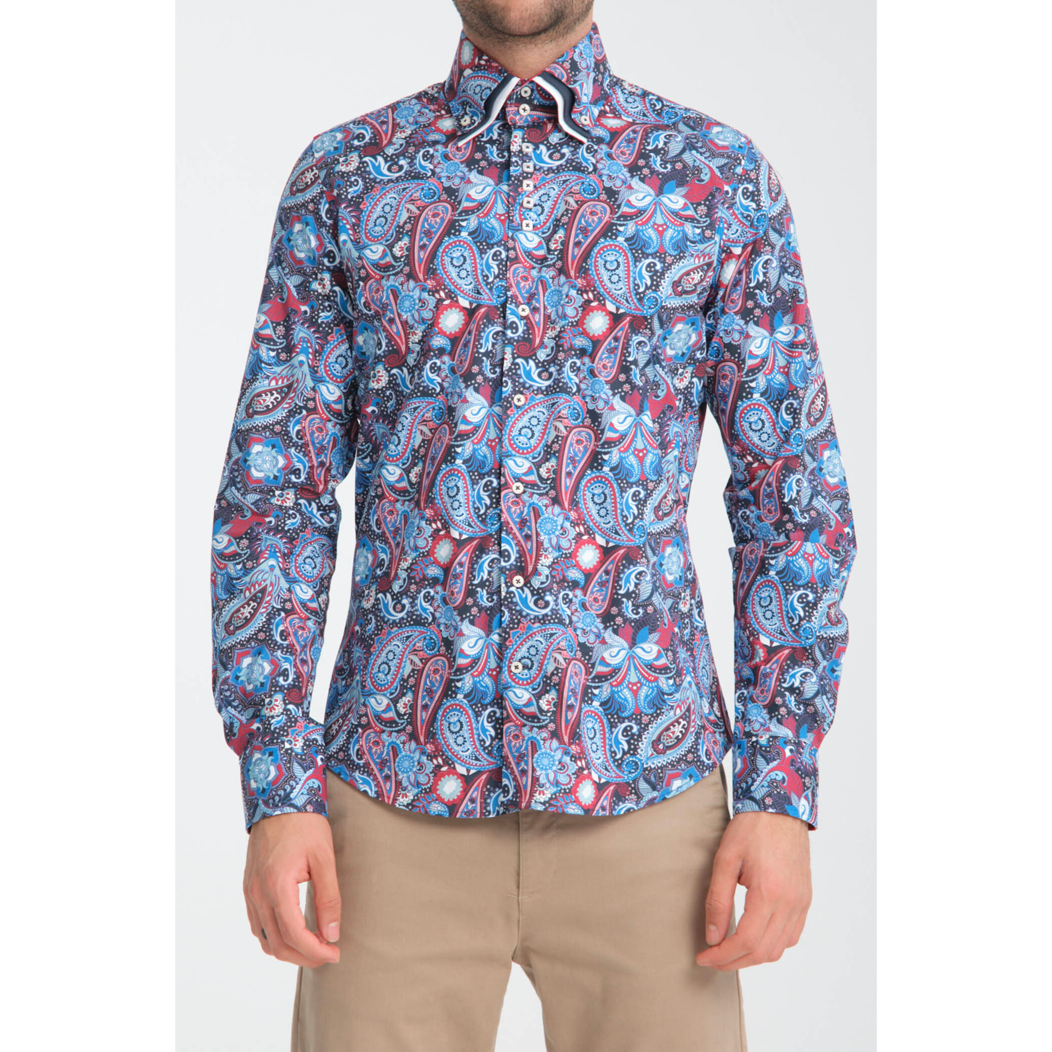 Camicia Uomo 2 Bottoni Button Down Triplo Collo Slim Popeline Stretch Stampato Bluette e Rosso
