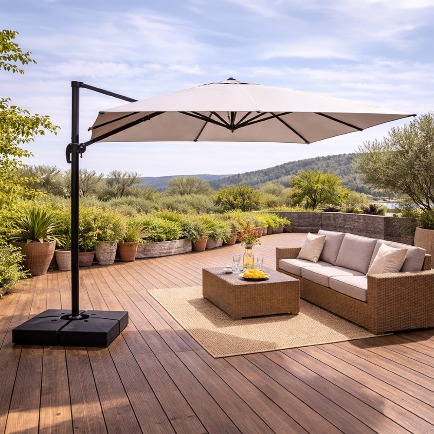 Parasol rectangulaire 3x4 déporté rotatif gris en aluminium GHAZIE