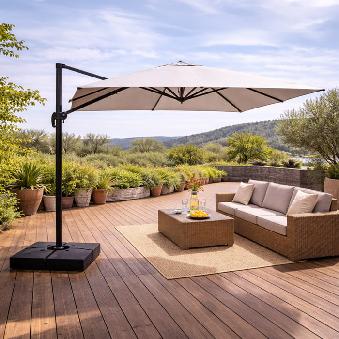 Parasol rectangulaire 3x4 déporté rotatif gris en aluminium GHAZIE