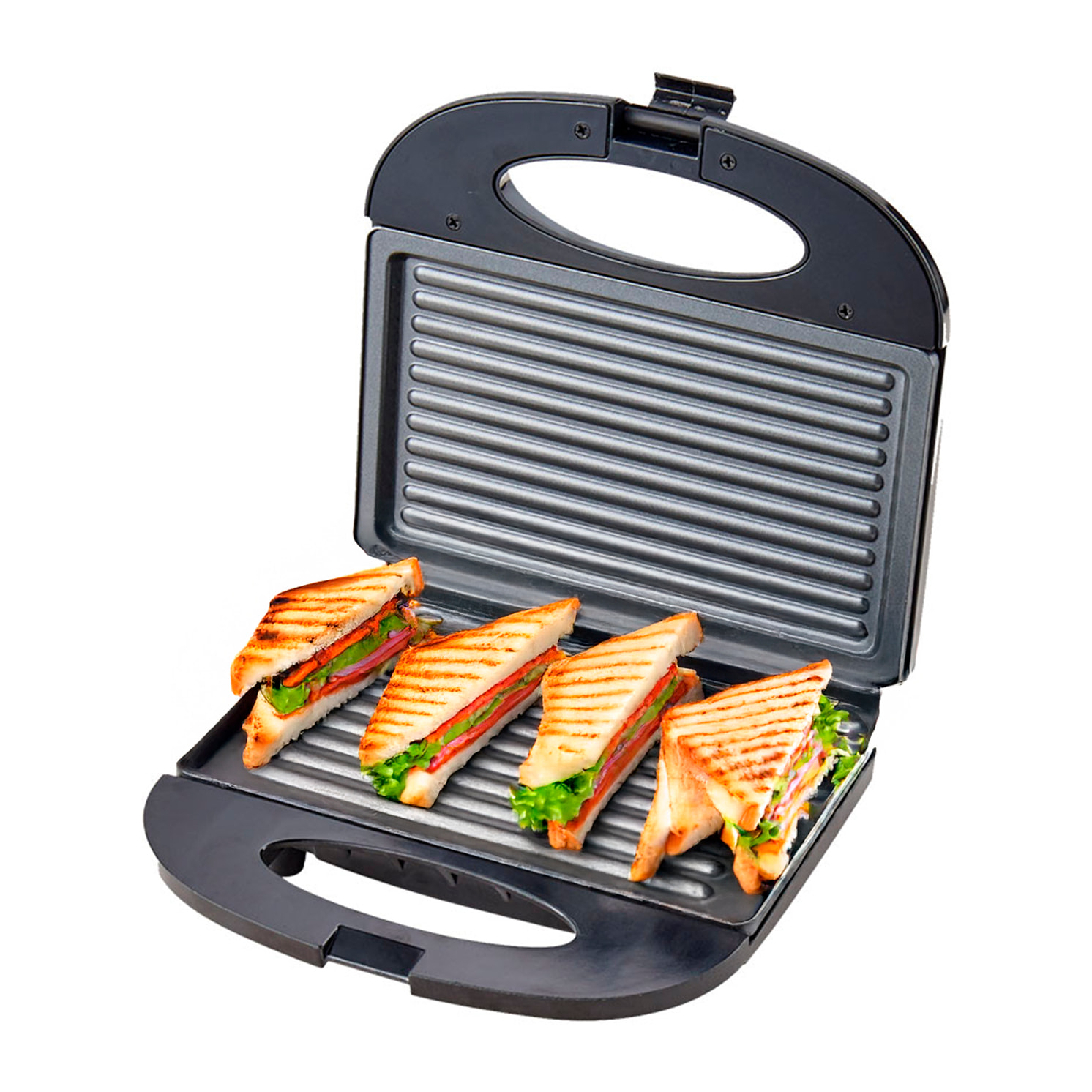 Grill elettrico portatile da 750W. Area di cottura antiaderente con chiusura a clip e luci LED.