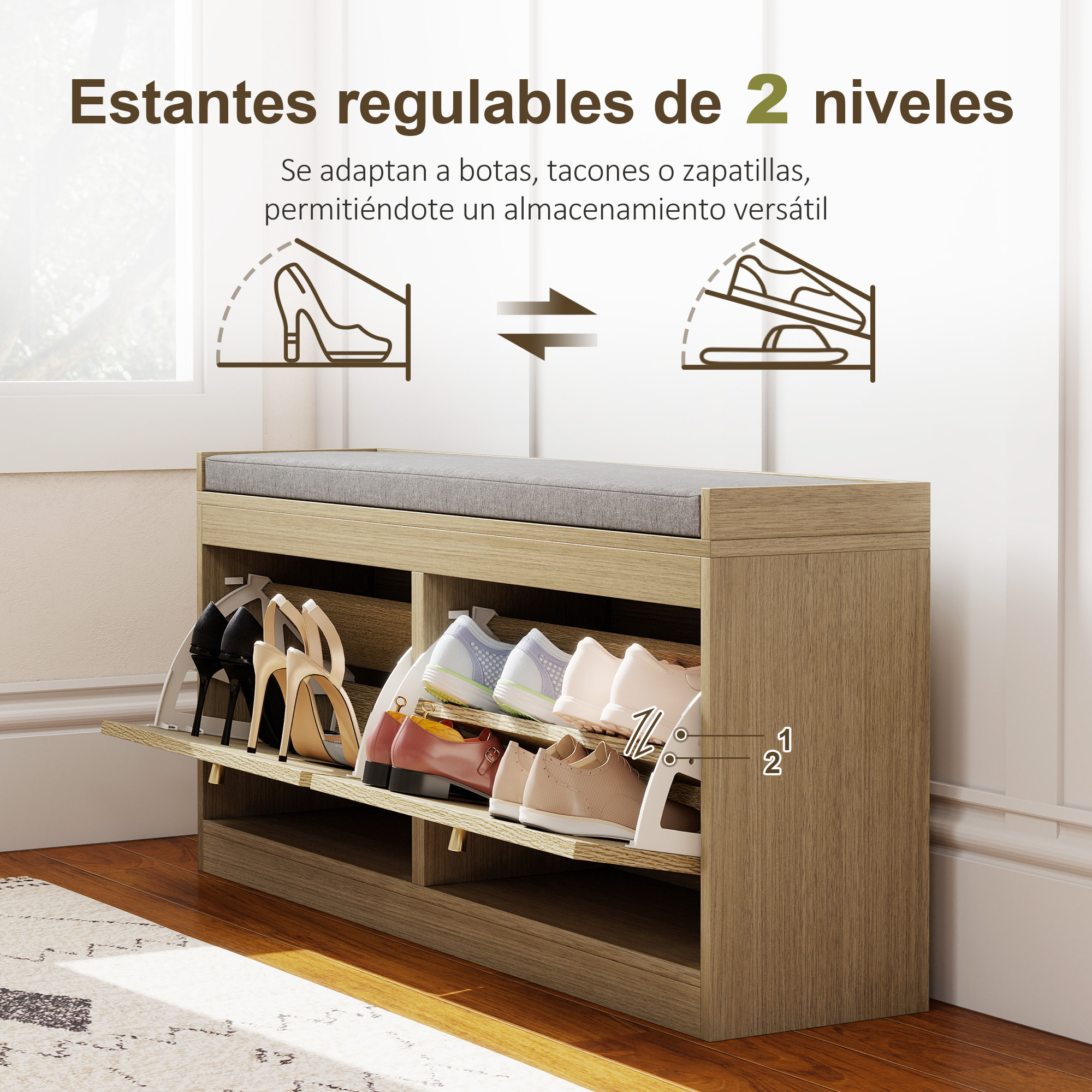 Banco Zapatero, Banco Recibidor Bohemio, con Asiento Acolchado, Puertas Frentes de Ratán, Estante Ajustable, para 8 Pares de Zapatos, para Entrada, 105x35x47 cm, Natural