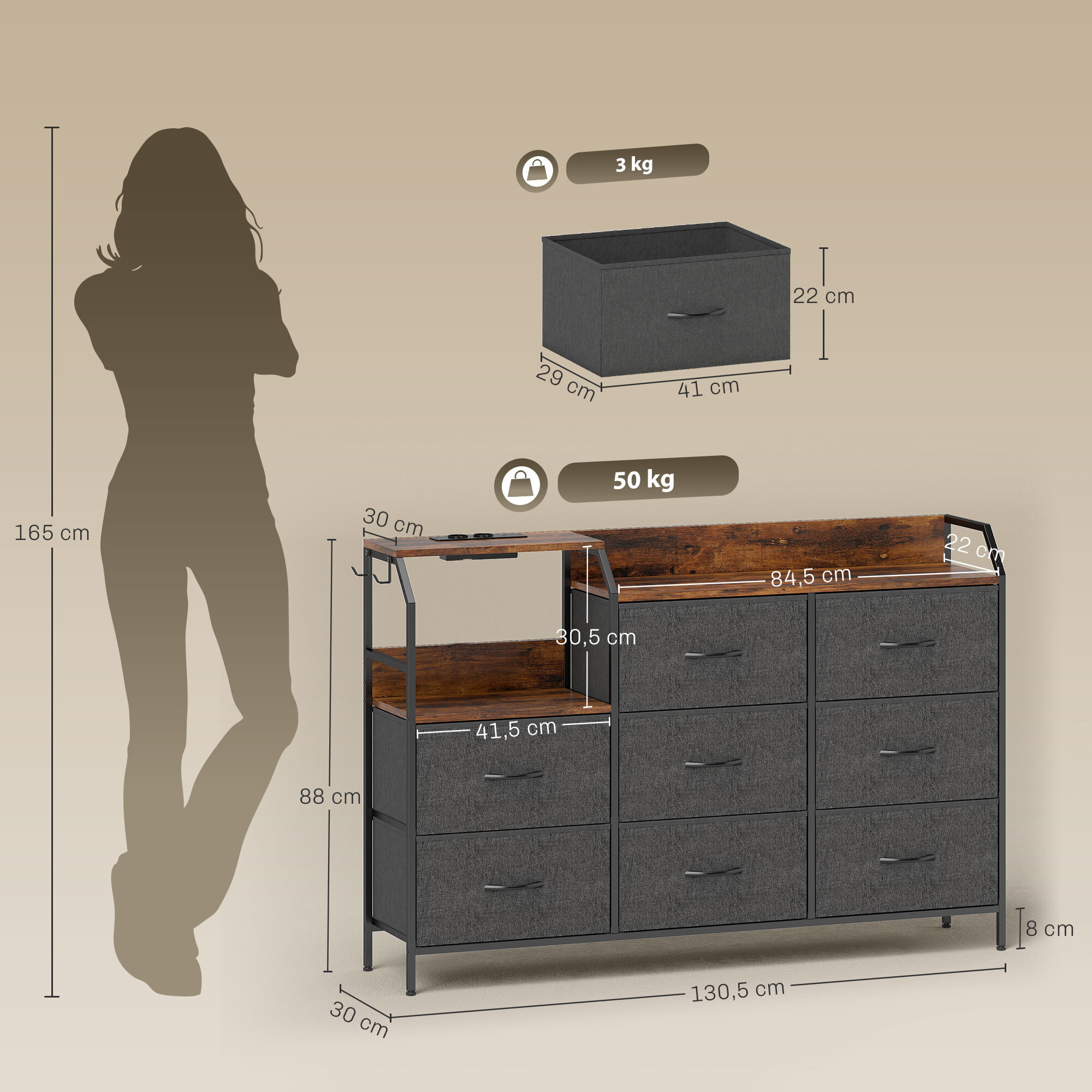 Commode 8 tiroirs non tissés anthracite station de recharge intégré acier noir effet bois vieilli
