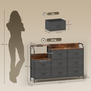 Commode 8 tiroirs non tissés anthracite station de recharge intégré acier noir effet bois vieilli