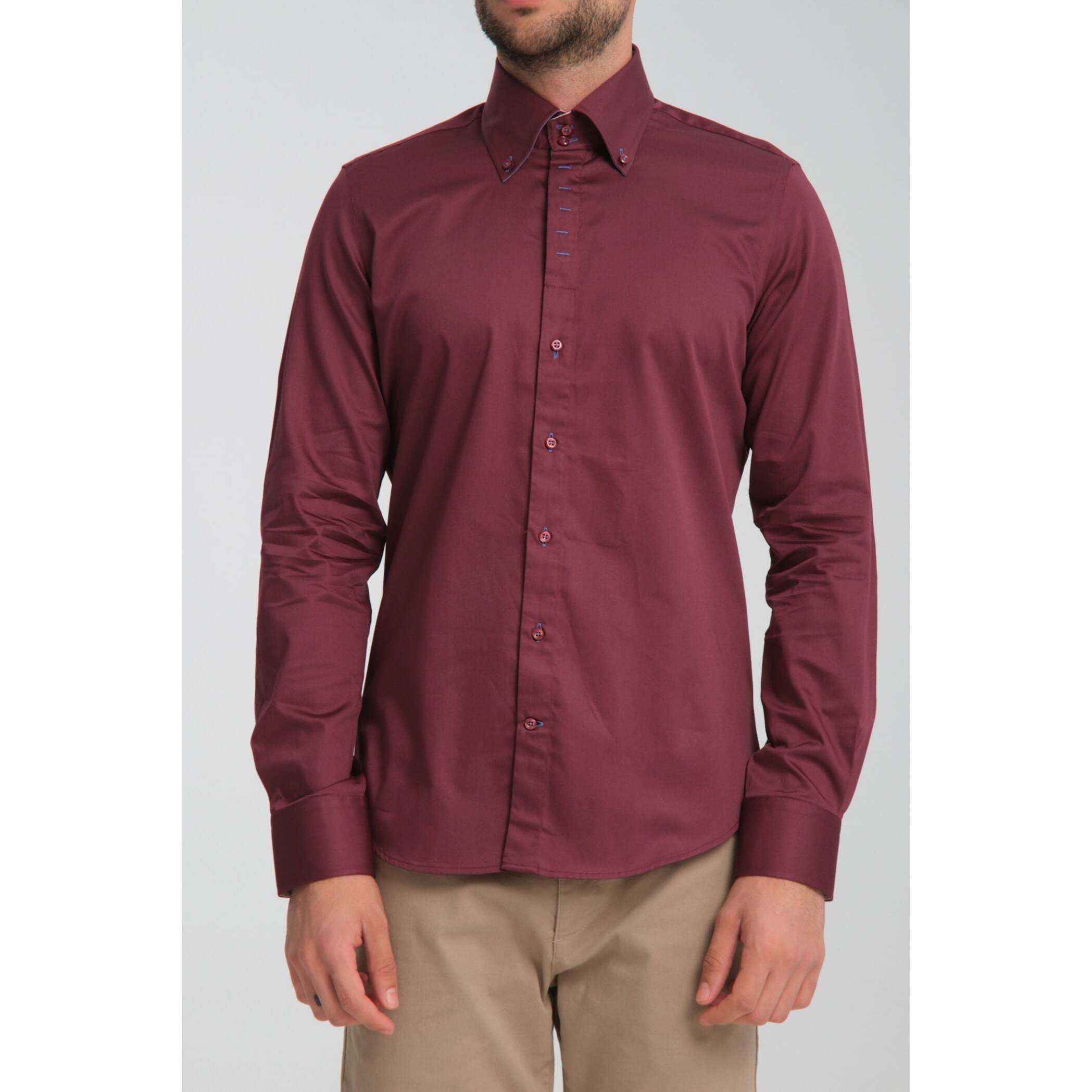 Camicia Uomo 2 Bottoni Button Down Slim Satin Unito Bordeaux