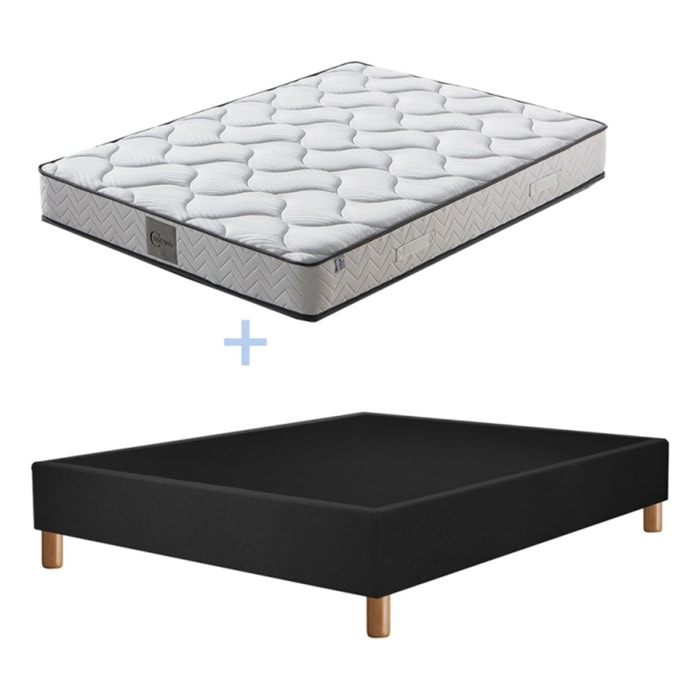 Ensemble Matelas Cosmos ressorts et mémoire de forme avec son sommier Cancun en tissu gris foncé