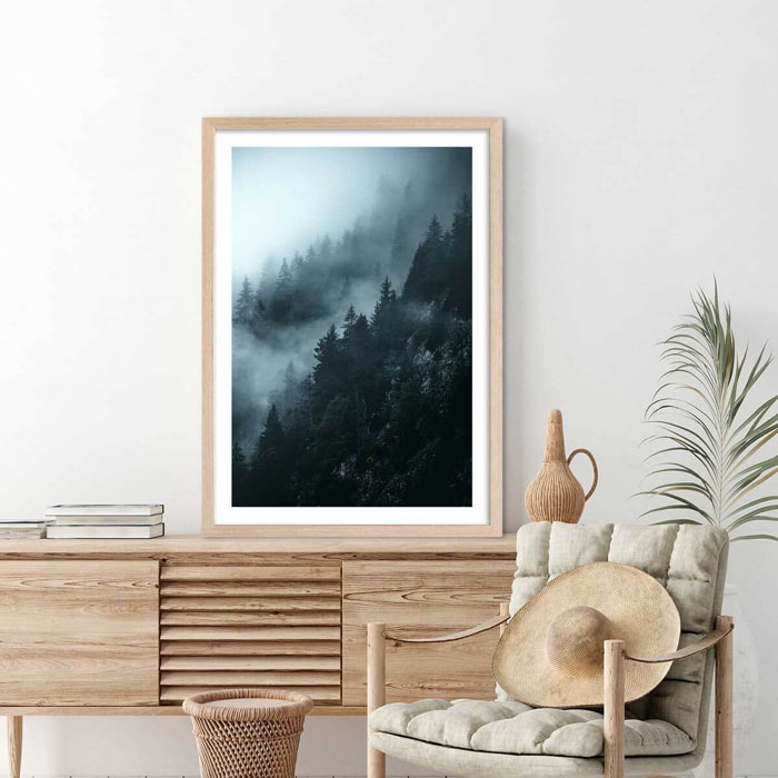 Affiche paysage suisse au petit matin Affiche + cadre en bois - Chêne