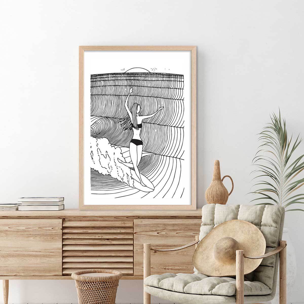 Poster surfeuse nose-riding Affiche + cadre en bois - Chêne