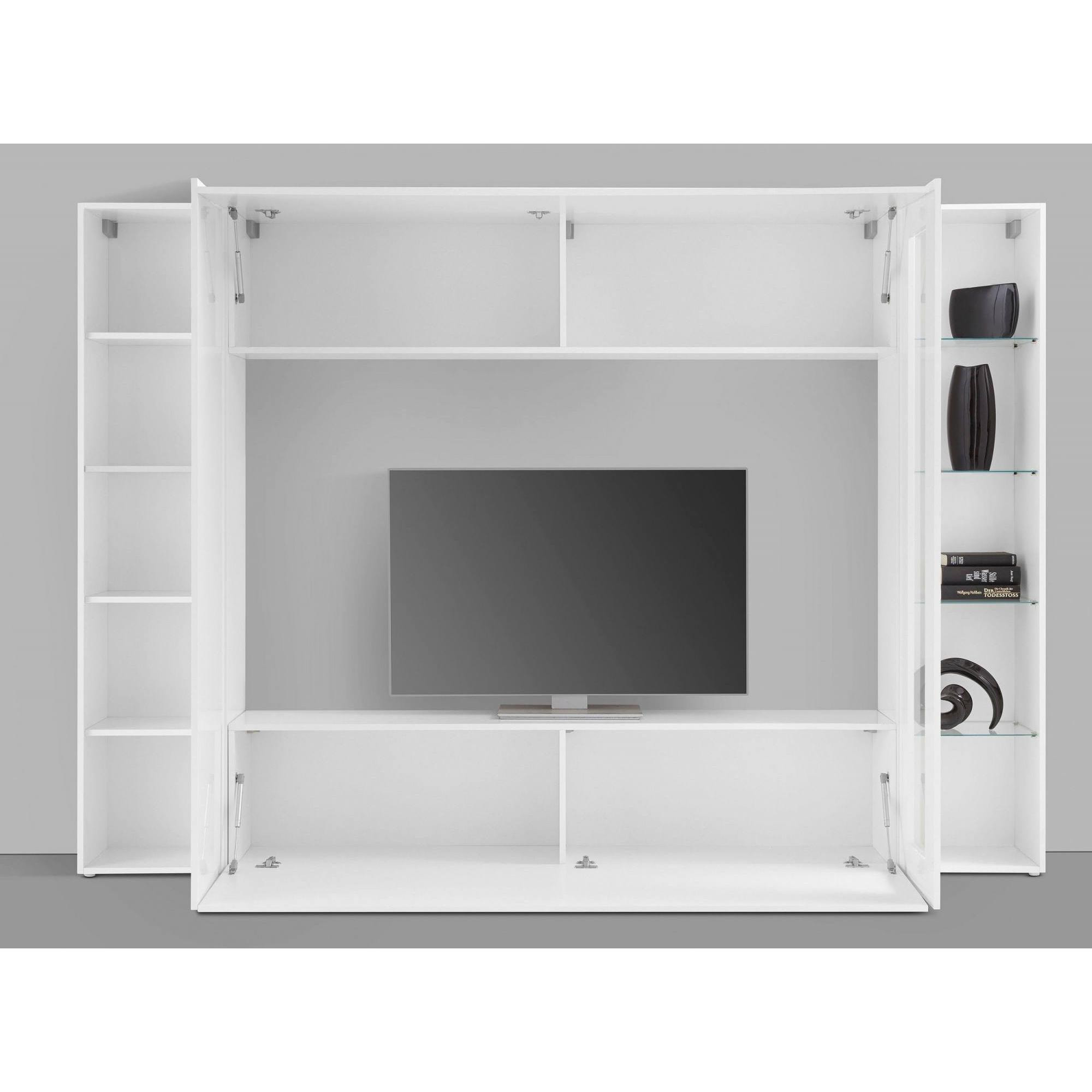 Parete attrezzata da soggiorno, Made in Italy, Base porta TV e pensili e scaffali, Set salotto moderno, cm 260x30h180, colore Bianco lucido, con luce LED blu ed una vetrina