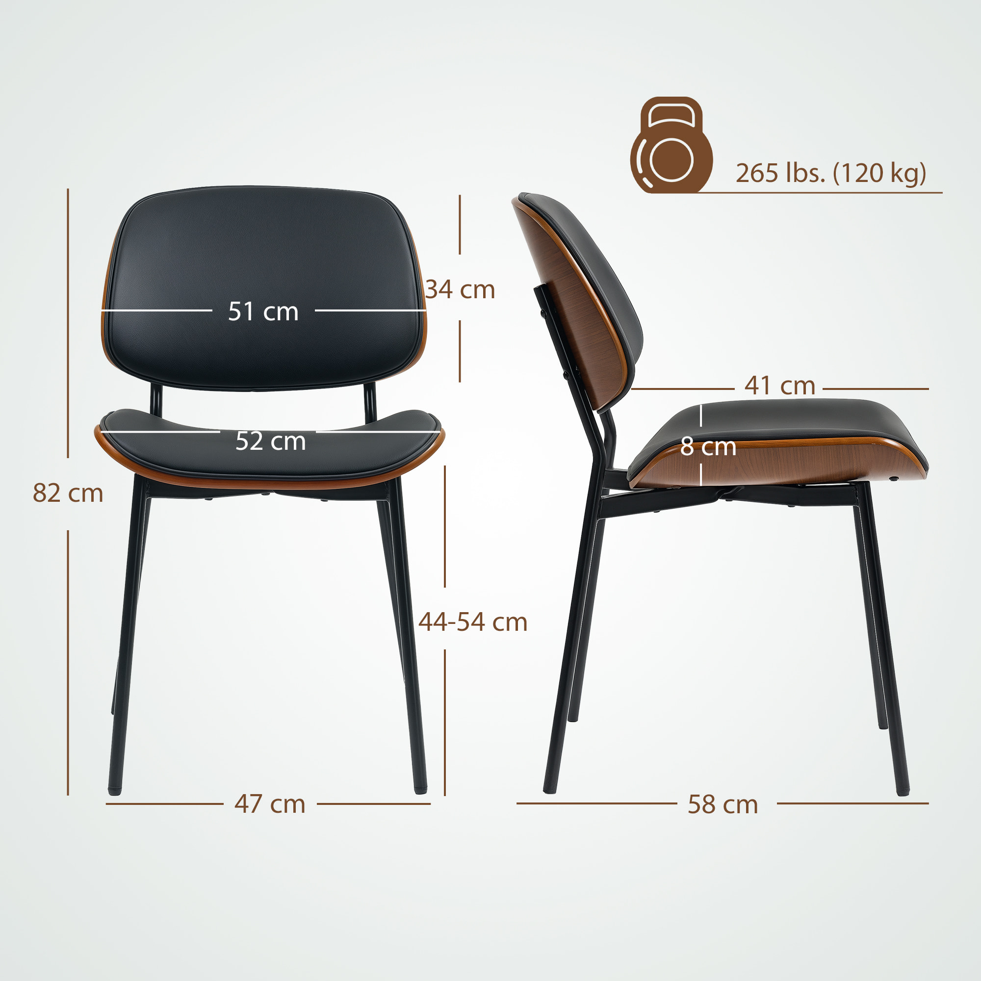 Lot de 2 chaises désign néo-rétro assise dossier cintré bois acier revêtement synthétique noir