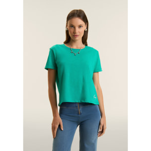 T-shirt cropped in jersey fiammato con risvolto sulle maniche