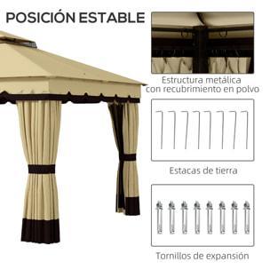 Cenador de Jardín 370x300x275 cm Gazebo de Exterior con 4 Paredes Laterales 4 Mosquiteras Doble Techo Impermeable y Anti-UV para Terraza Patio Playa Beige