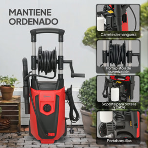 Hidrolimpiadora de Alta Presión 1800W, Presión 150 Bar, Caudal 420 L/h, con Bomba de Aluminio, Parada Automática, Manguera de 6 m, Incluye Botella de Espuma y Boquilla Ajustable, Rojo y Negro