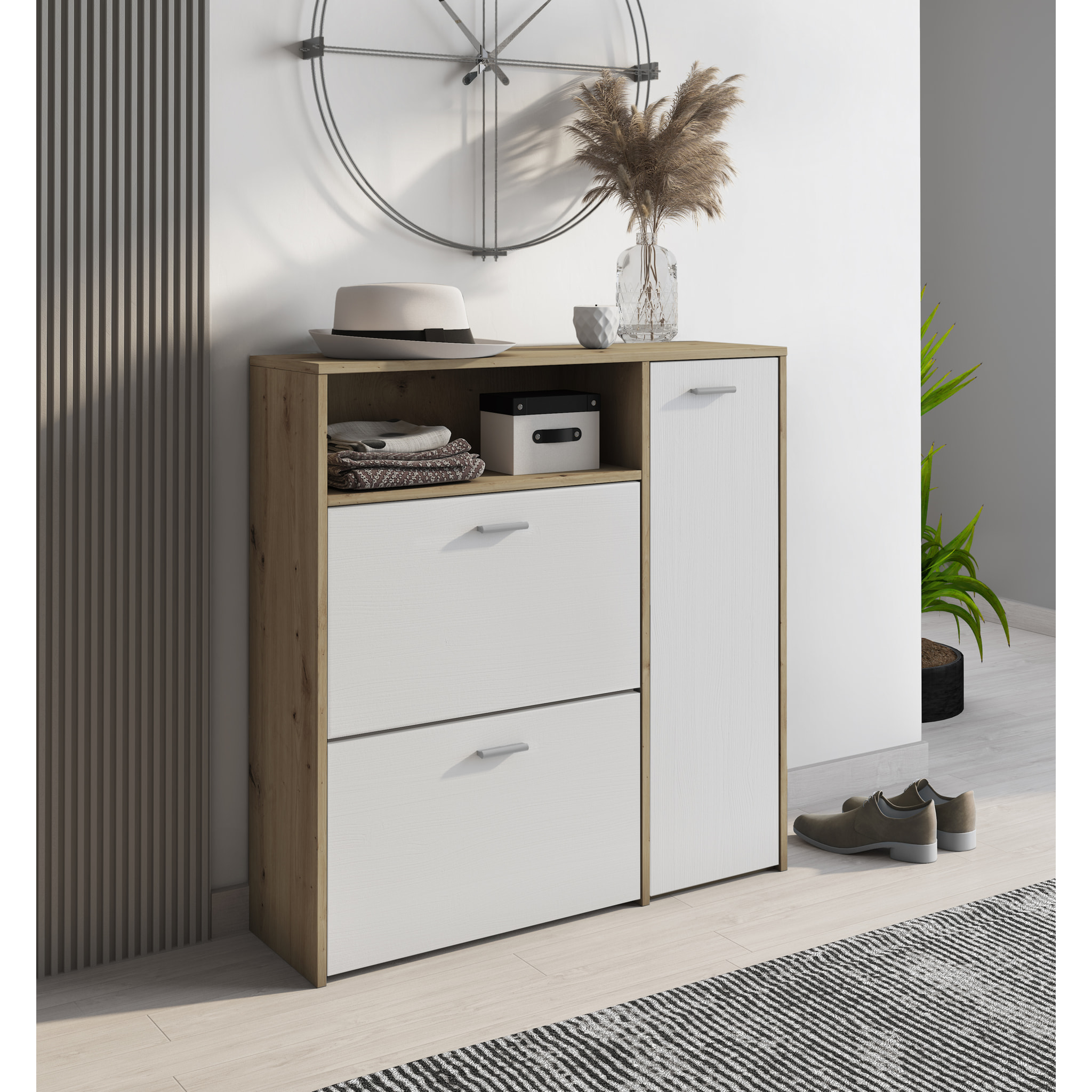 Scarpiera Mobile Portascarpe Salvaspazio Ingresso Con 2 Ribalte Doppia Profondità 4 Vani A Giorno Design Moderno 91.5x94x26.6 Cm Bianco Rovere