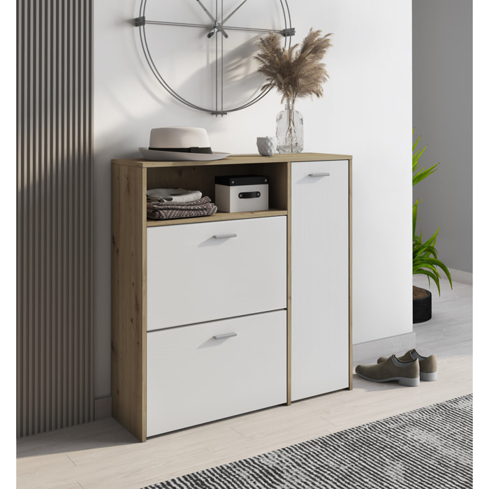 Scarpiera Mobile Portascarpe Salvaspazio Ingresso Con 2 Ribalte Doppia Profondità 4 Vani A Giorno Design Moderno 91.5x94x26.6 Cm Bianco Rovere