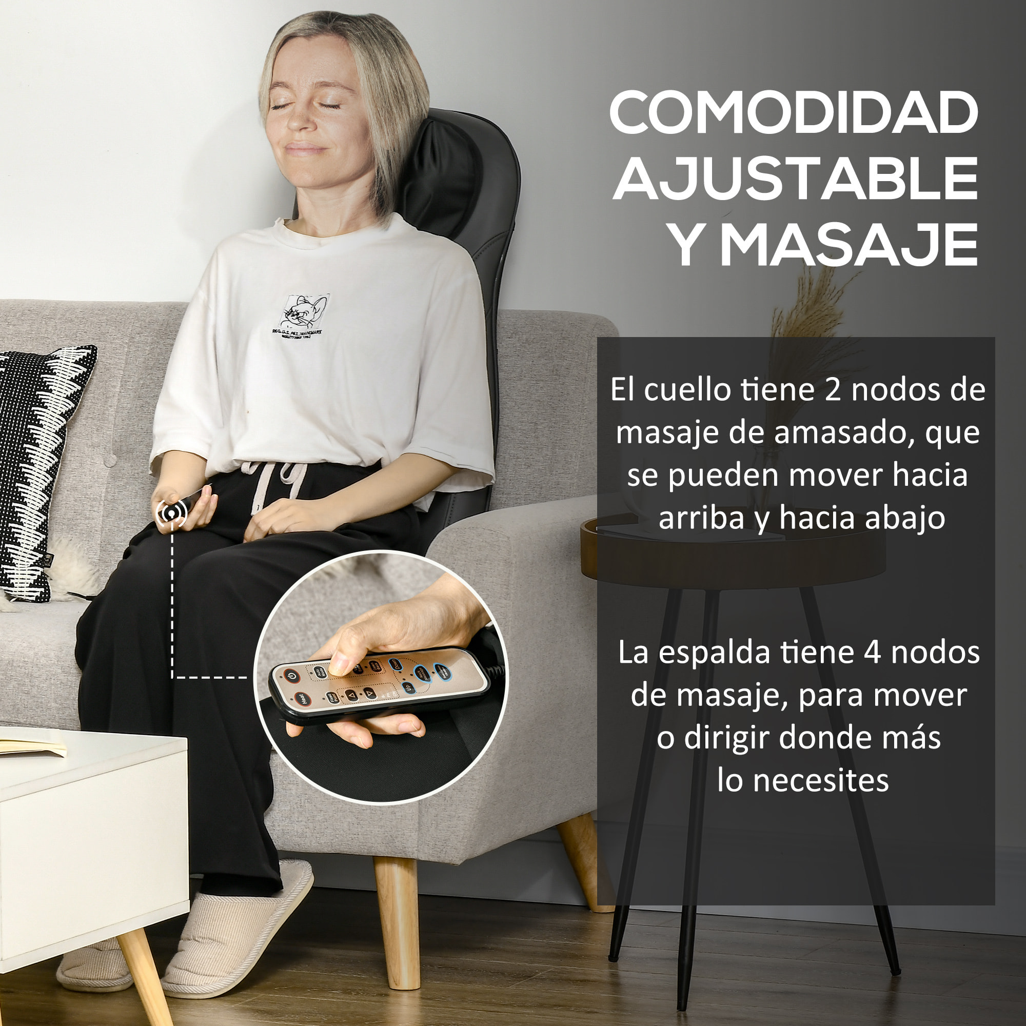 Masajeador de Asiento con Calor Cojín de Asiento de Masaje Shiatsu y Vibración con 8 Puntos Altura del Cuello Ajustable Mando a Distancia y Bolsillo Lateral para Oficina Coche 45x39x78 cm Negro