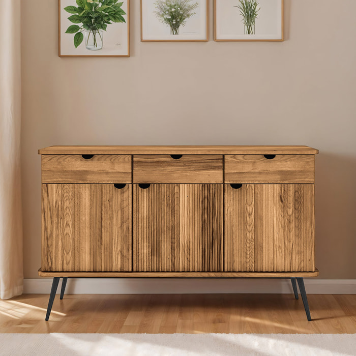 Buffet Bois Hêtre Massif Amalfi, 3 Portes, L.144 x P.46 x H.87 cm, Style Naturel