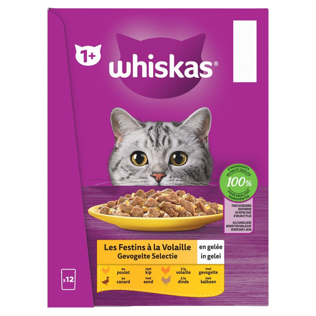 WHISKAS 48 Sachets fraîcheur en gelée 4 variétés volaille pour chat 85g (4x12)