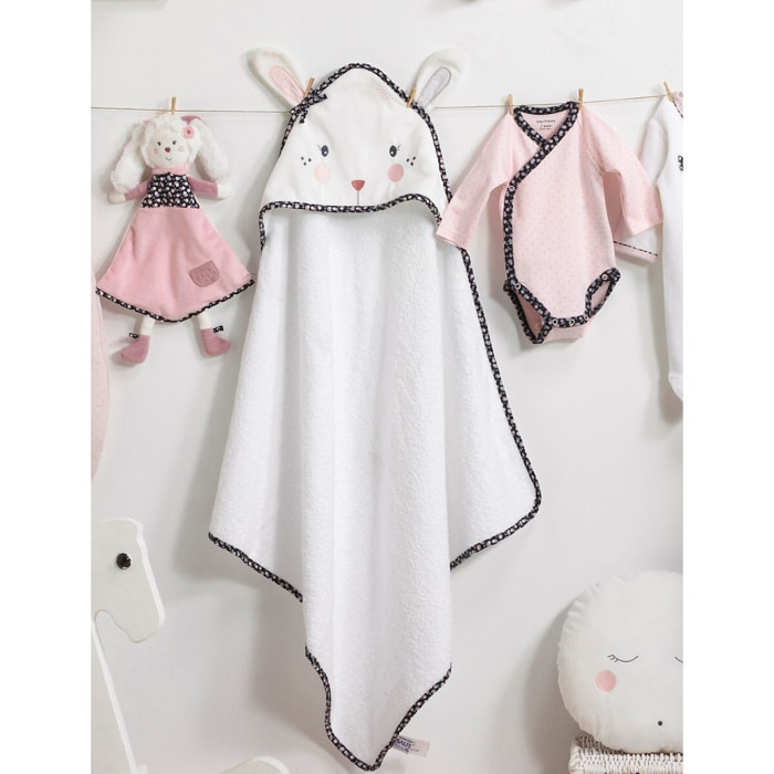 Sortie de bain lapin 75x75cm et gant en coton  blanc