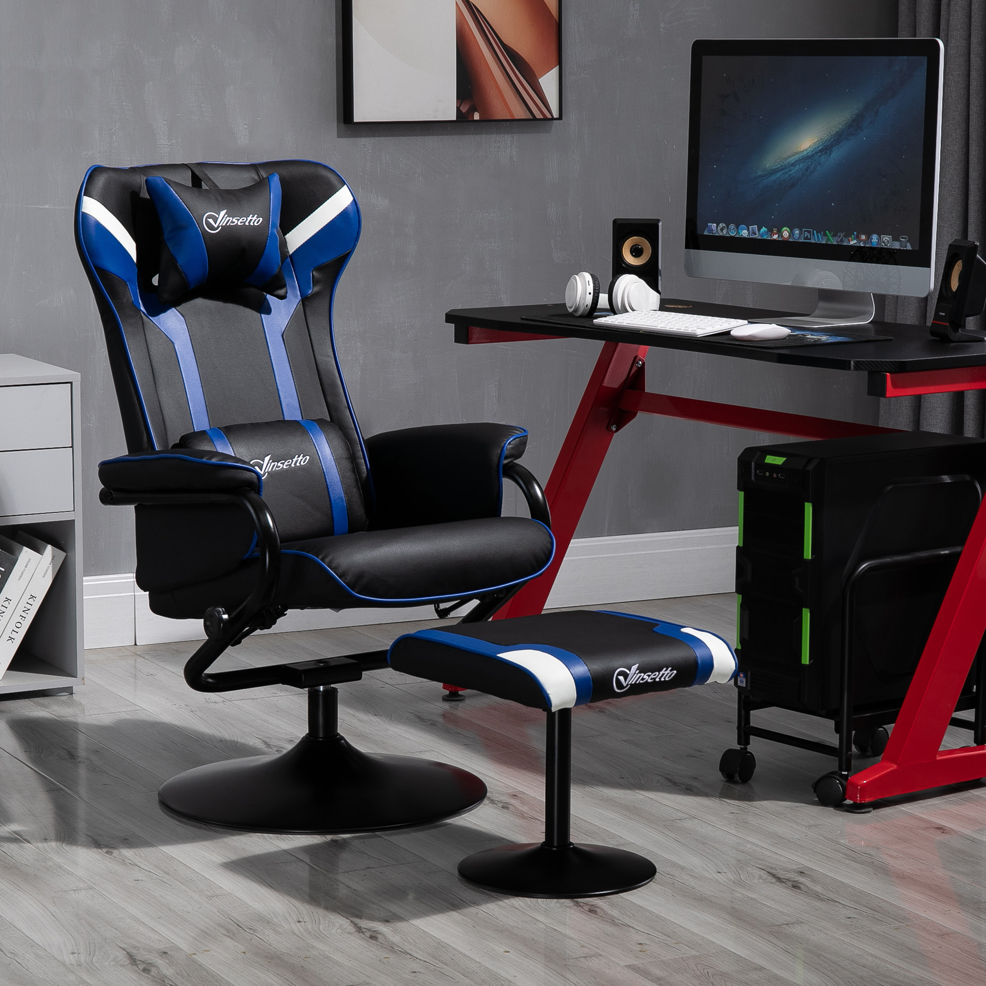 Fauteuil gamer inclinable pivotant avec repose-pied - coussins lombaires, tétière inclus - revêtement synthétique bleu noir