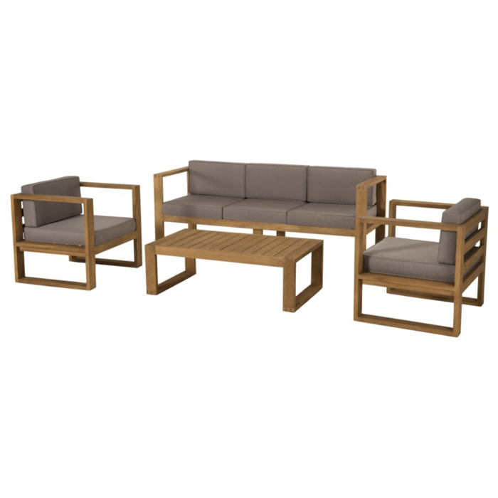 KIM - SALON DE JARDIN EN BOIS TECK : 1 Canapé 3p., 2 fauteuils avec coussins waterproof 1 table basse rectangulaire 110x60cm