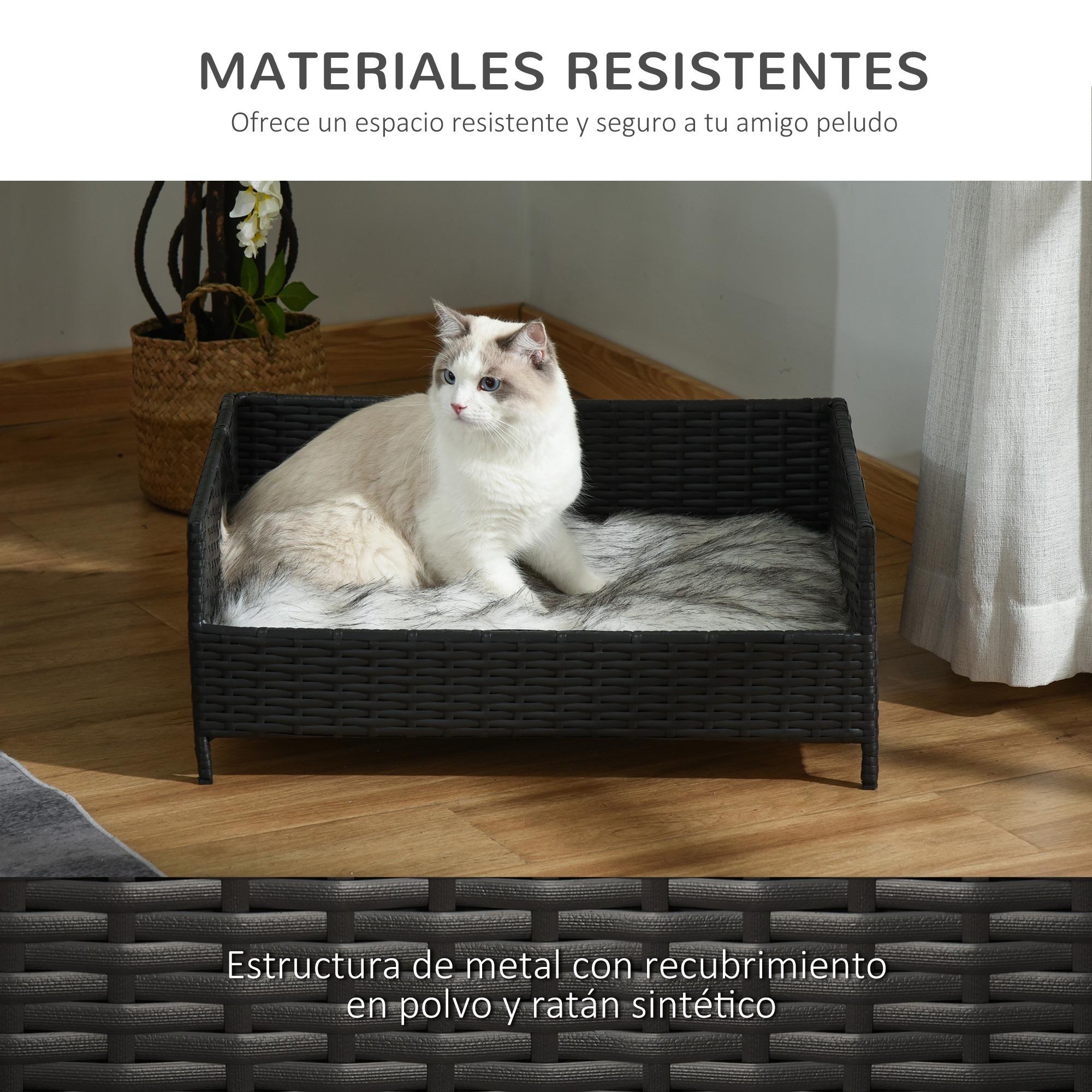 Sofá Cama para Perros de Ratán Cama Elevada Rectangular para Mascotas Gatos con Cojín Suave y Lavable para Hogar Interior 61x46x24,5 cm Negro