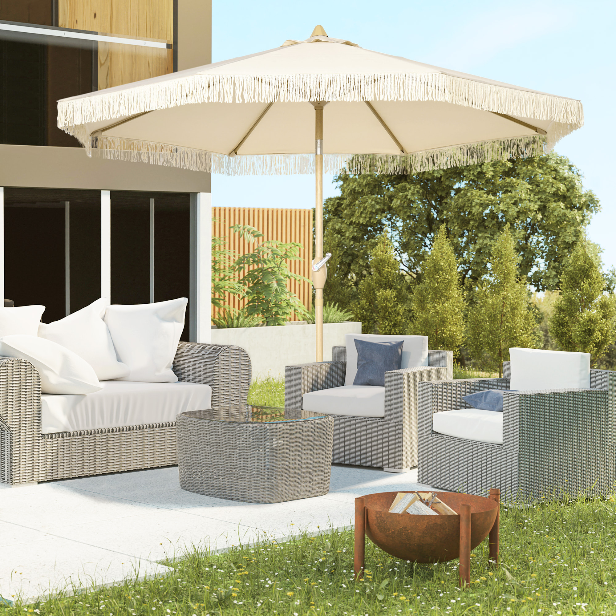 Sombrilla Terraza Exterior, Ø265x244 cm, Sombrilla de Jardín con Ángulo Ajustable, Manivela, Flecos de Estilo Boho, Impermeable, Parasol para Patio, Terraza, Crema